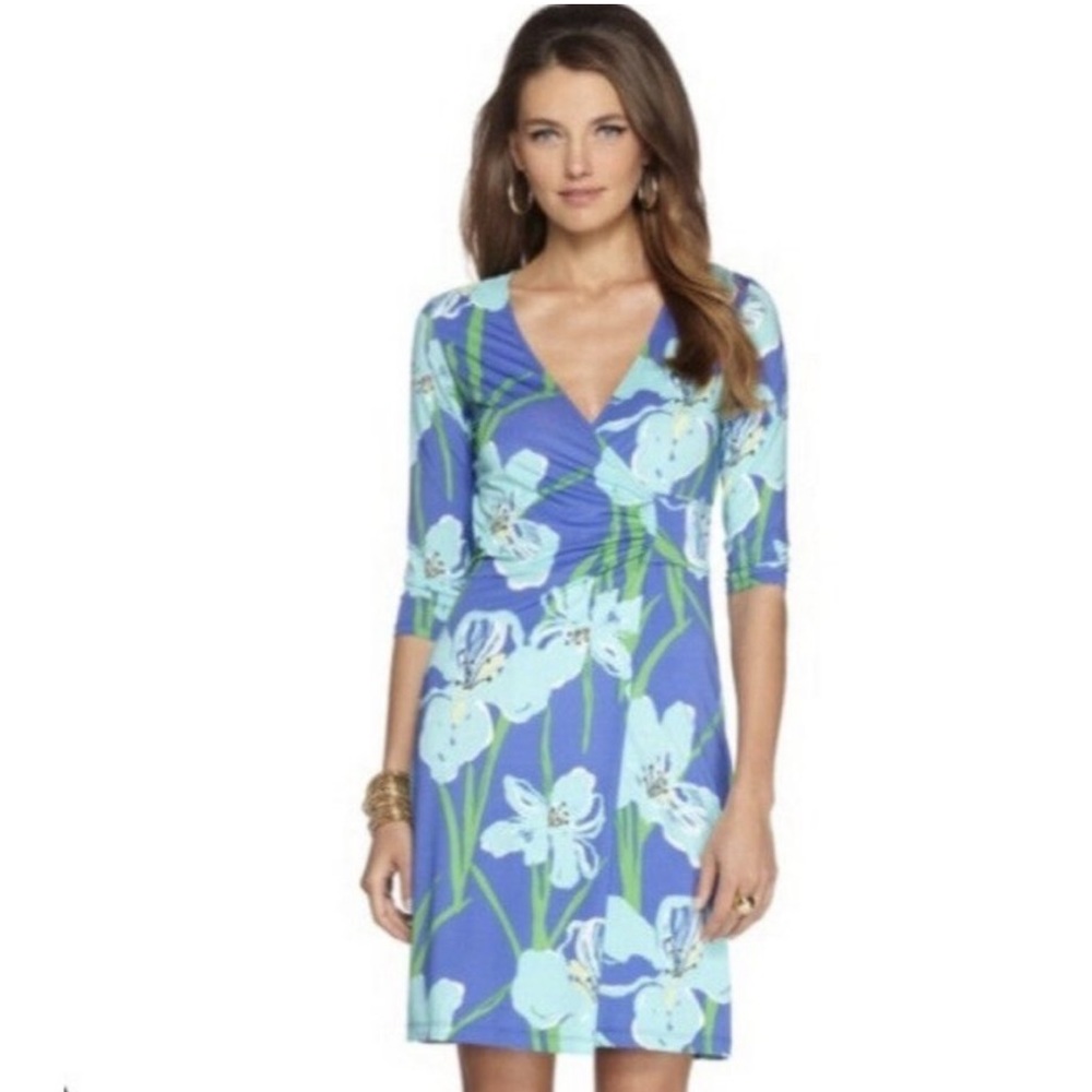 Lilly Pulitzer Blue Floral Wrap-Style Dress with Mint and Green
